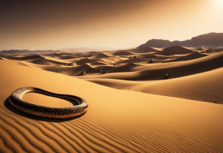 An image showcasing a vast desert landscape, with a solitary snake slithering across the arid sand dunes, its slender body highlighted against the golden hues of the sun-soaked terrain