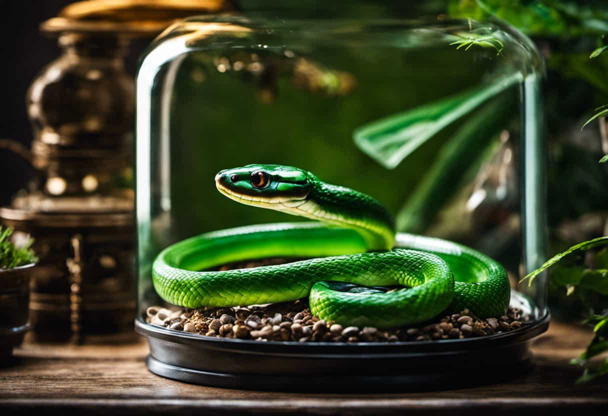 An image of a vibrant green snake coiled in a terrarium, surrounded by empty feeding dishes and a clock ticking in the background, symbolizing the passage of time