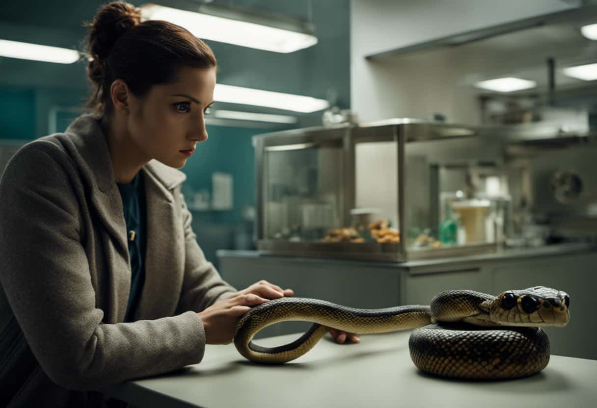 An image showcasing a concerned snake owner observing their pet's weight loss, with a snake on one side, ribs slightly visible, and the owner anxiously looking at a veterinary clinic's contact details on their phone
