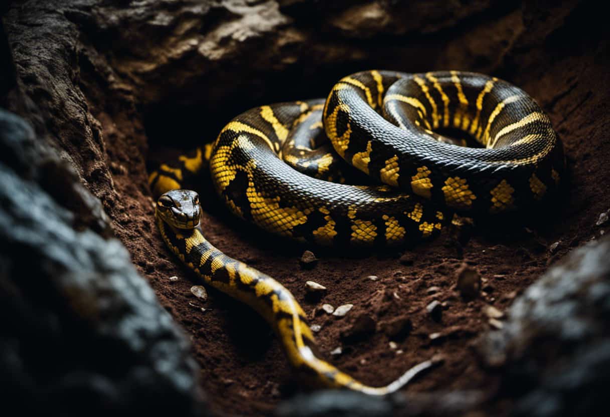 An image showcasing a coiled python, its slender body glistening in the dim light of a desolate cave
