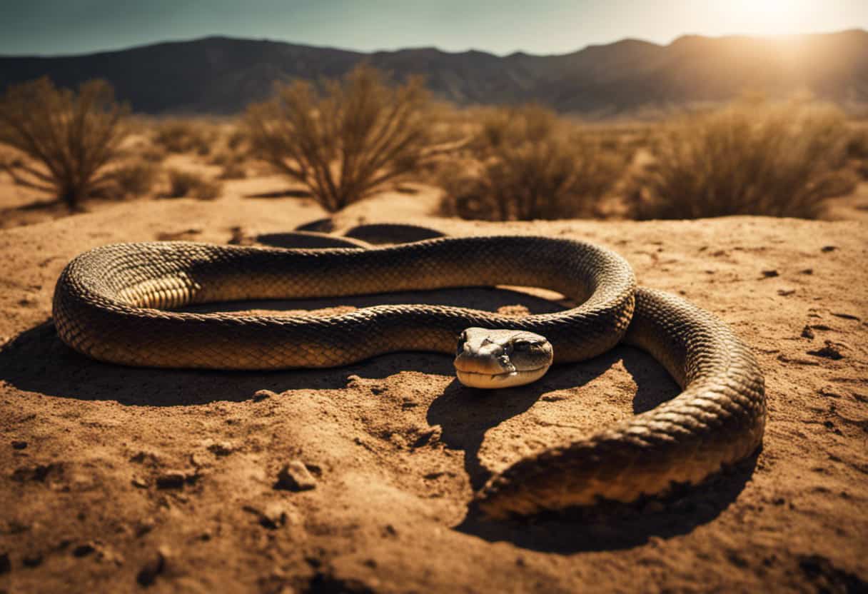 An image showcasing a parched, arid desert landscape with a solitary snake coiled under a scorching sun, its mouth agape in thirst, emphasizing the critical role of water in a snake's survival