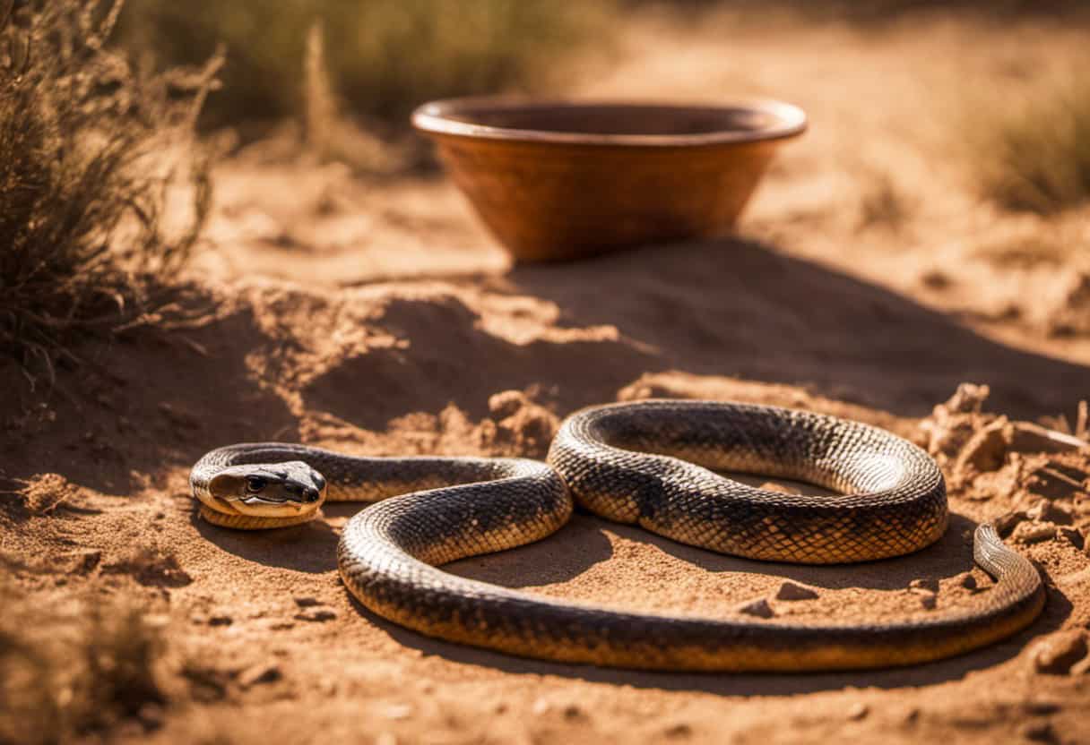 An image depicting a vivid desert landscape under scorching sun, with a thirsty snake coiled tightly around a dried-up water dish, emphasizing the crucial role of hydration in the survival of pet snakes