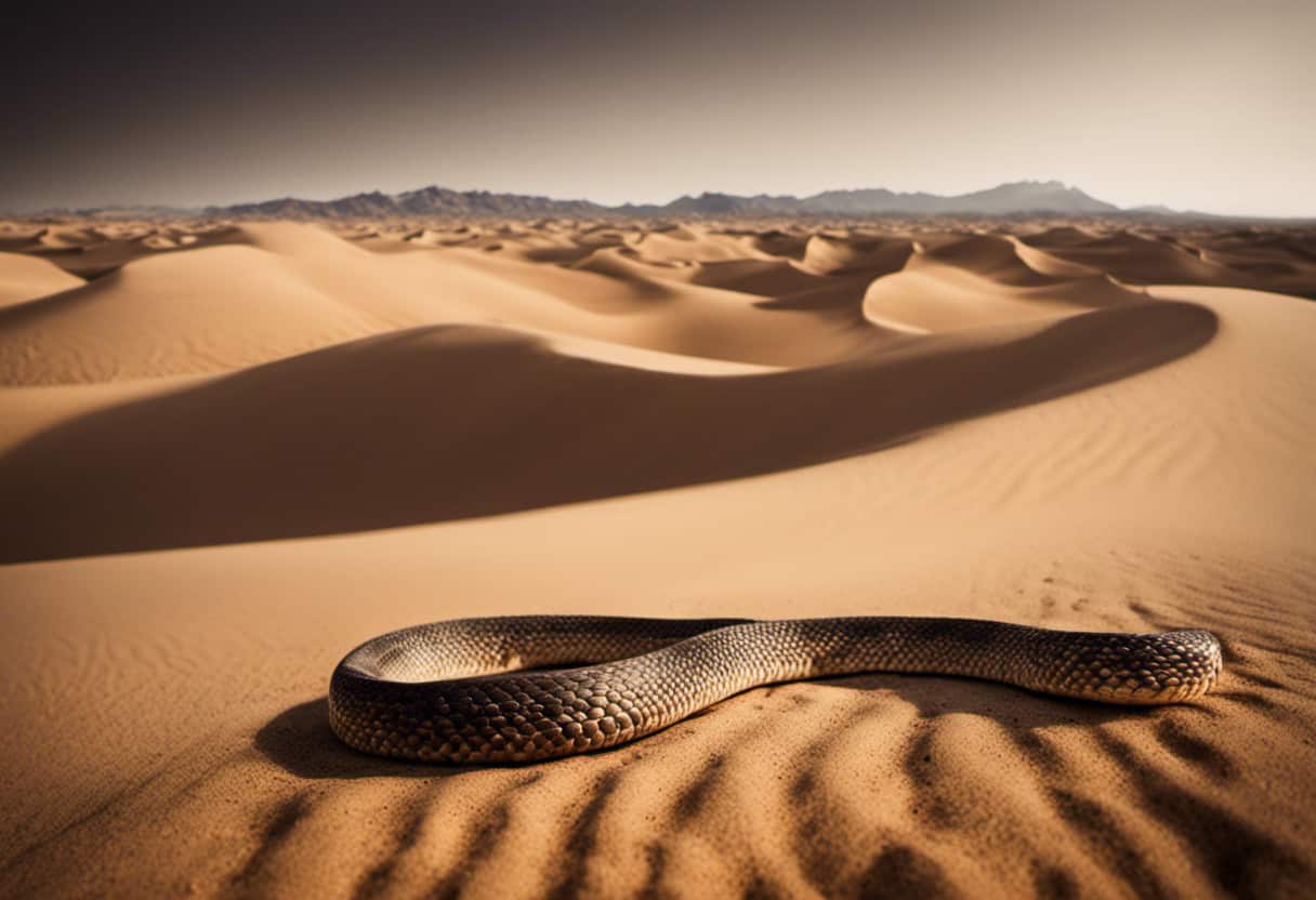 An image of a vast desert landscape with a solitary snake slithering through the arid sand, its parched tongue extended in search of water, highlighting the crucial role of water for snakes' survival