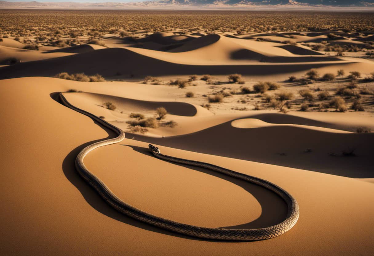 An image displaying a parched desert landscape with a snake slithering in the distance, its dry scales flaky and cracked, while its sunken eyes betray signs of dehydration, serving as a visual cue for an informative blog post about signs of dehydration in snakes