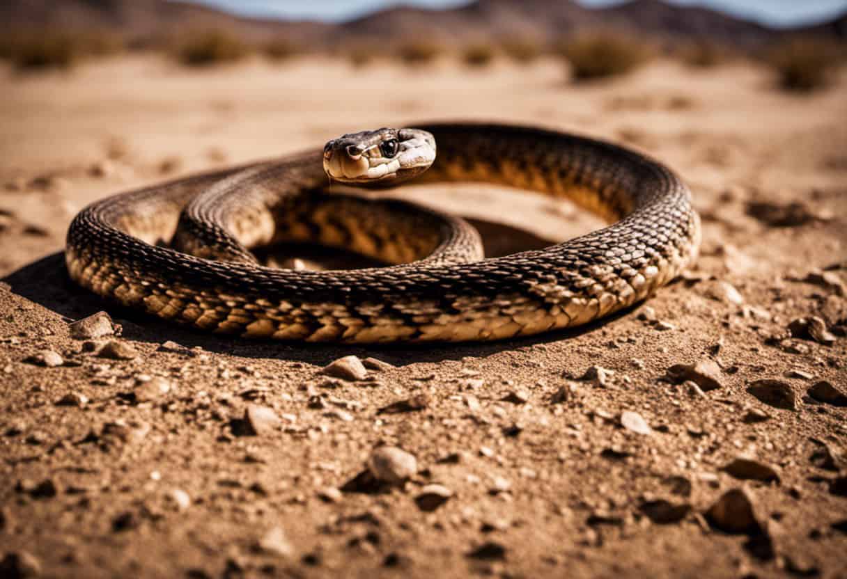 An image showcasing a parched desert landscape with a coiled snake struggling amidst cracked earth, its tongue extended in a desperate search for water