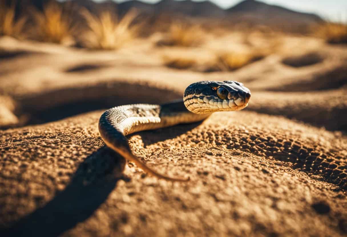  Capture a striking visual of a parched, sun-baked desert landscape, with a solitary snake slithering across the cracked earth, its scaly body glistening under the scorching sun, emphasizing the resilience and adaptability of these incredible reptiles