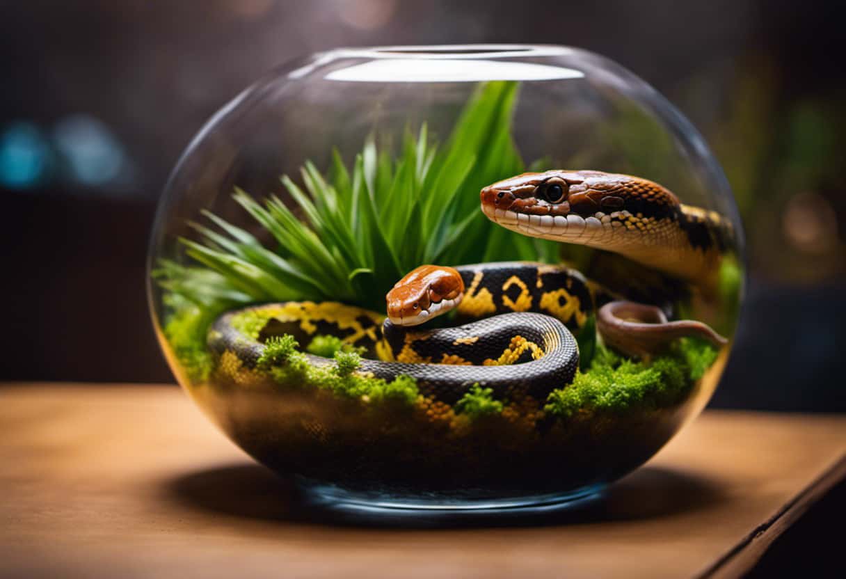 An image showcasing a vibrant terrarium split in half, with a majestic Ball Python gracefully coiled on one side and a magnificent Corn Snake slithering on the other, symbolizing the divergent lifespans of these captivating reptiles in captivity