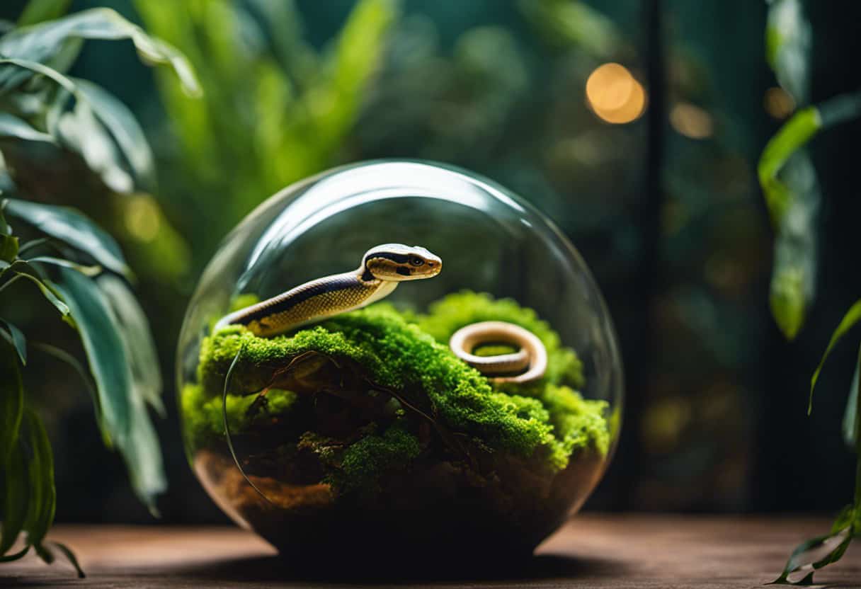 An image of a serene, glass-enclosed terrarium adorned with lush greenery, where a majestic ball python coils gracefully around a branch
