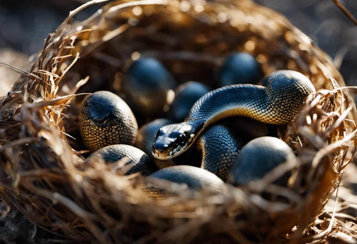 An image depicting a nest of delicate, leathery snake eggs glistening under the warm sunlight