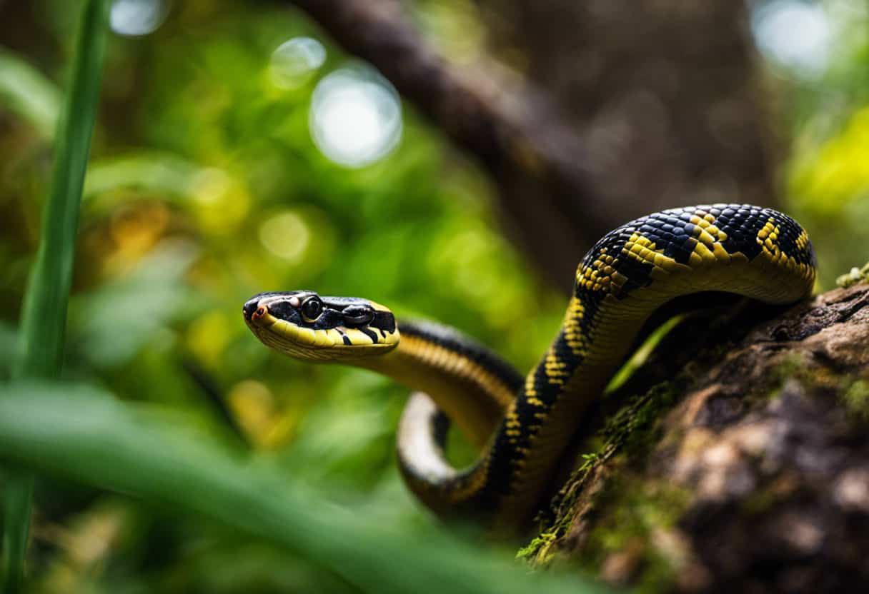 An image capturing the vibrant colors of a lush backyard habitat, showcasing a variety of snakes coiled around tree branches, sunbathing on rocks, and slithering through tall grass, emulating their remarkable adaptability and longevity