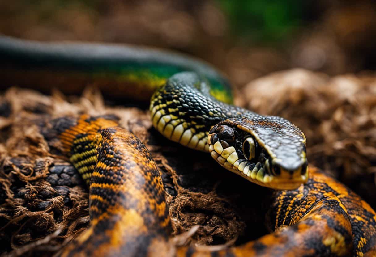 An image showcasing the remarkable transition from a vulnerable hatchling to a mature snake, capturing the intricate shedding process, the vibrant colors, and the striking patterns that emerge as they reach adulthood