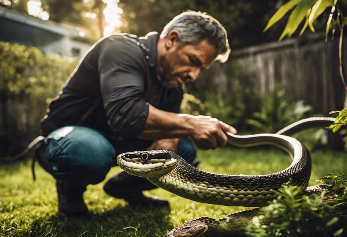 An image showcasing a skilled snake removal specialist in action, delicately extracting a slithering serpent from its hiding spot within a residential backyard