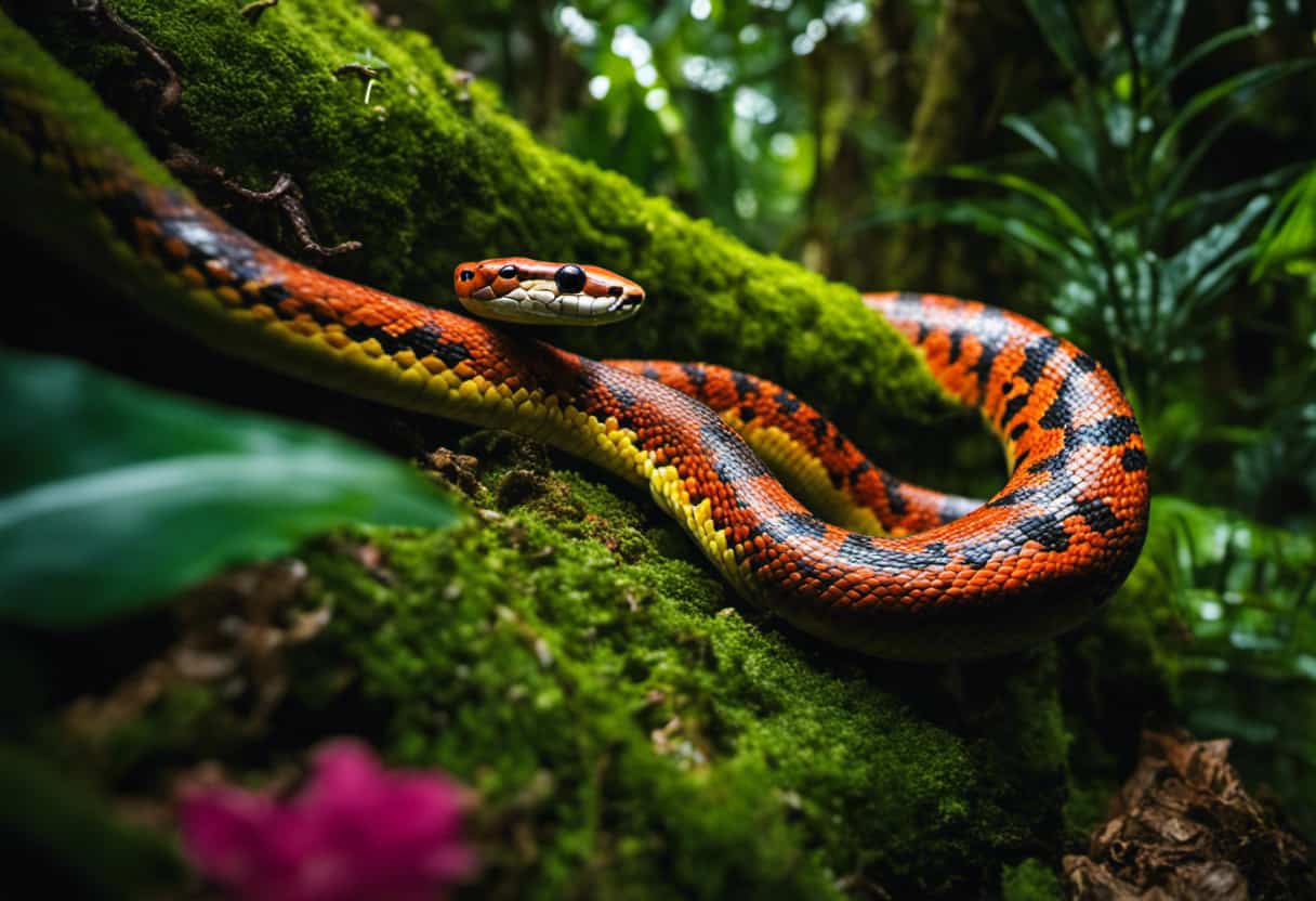 An image depicting a vibrant rainforest with a diverse range of snake species coexisting