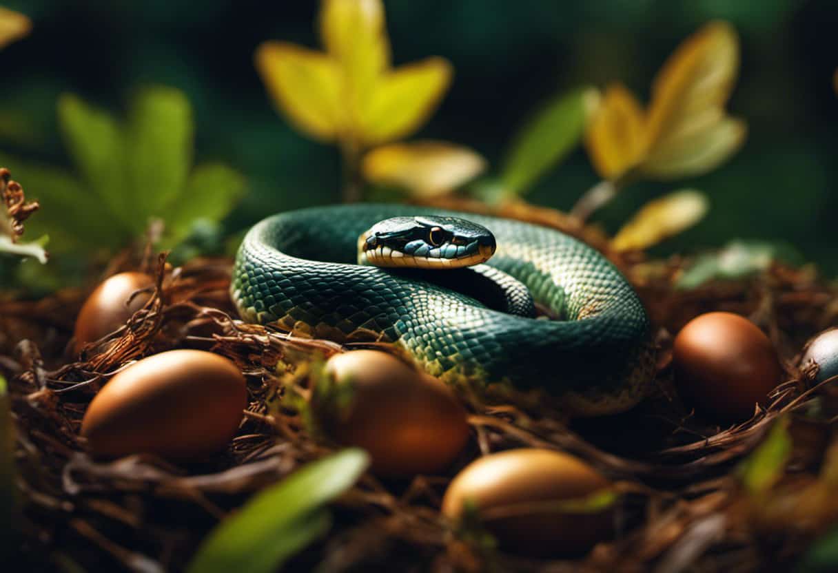 An image capturing the mesmerizing moment of a female snake depositing her glossy eggs in a hidden, warm nest, surrounded by intricate patterns of vibrant leaves and dappled sunlight, symbolizing the beginning of a new generation