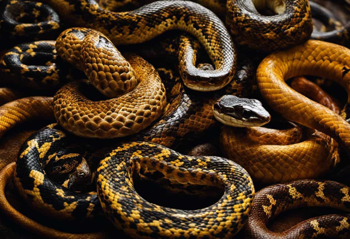 An image showcasing a diverse array of snake species, each with a distinct size, shape, and color pattern, coiled around different prey items