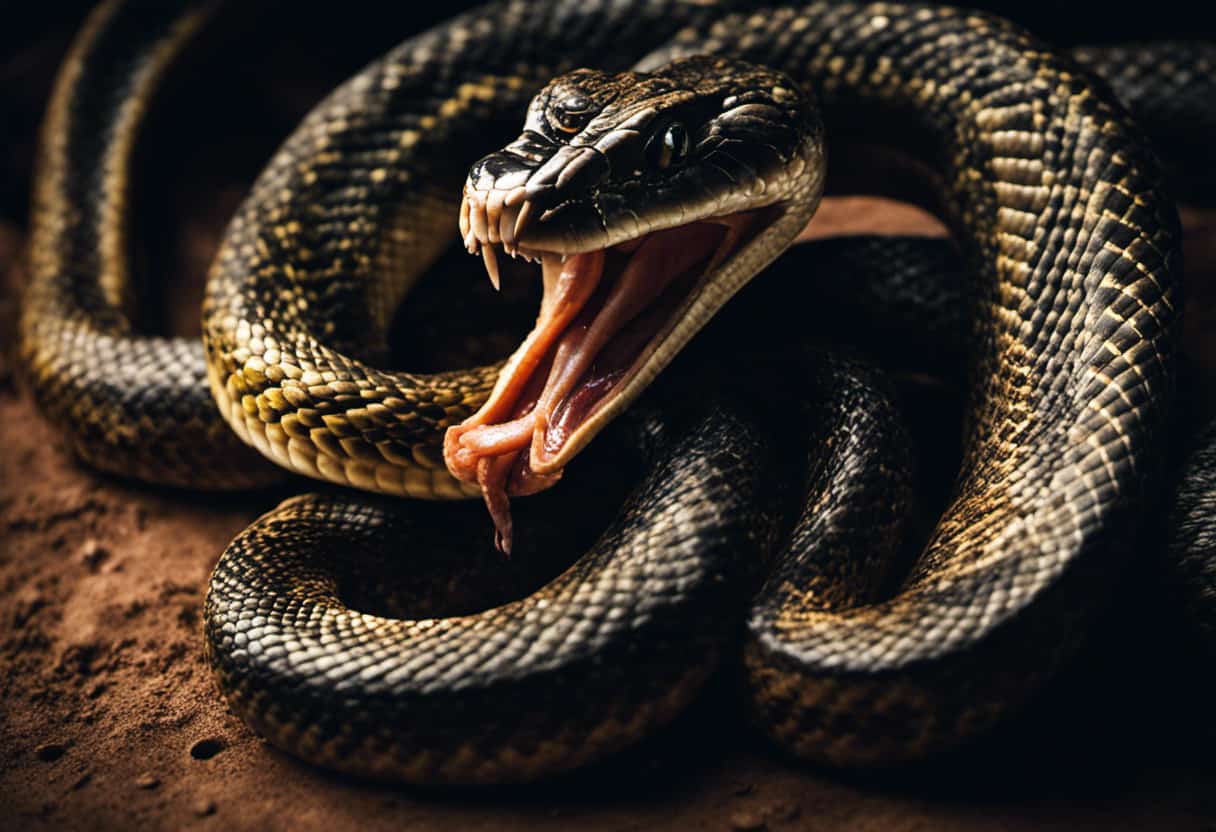 An image showcasing a snake's digestive process: a coiled serpent with its mouth wide open, swallowing a prey's outline, while its long, muscular body gradually contracts, emphasizing the slow but efficient digestion