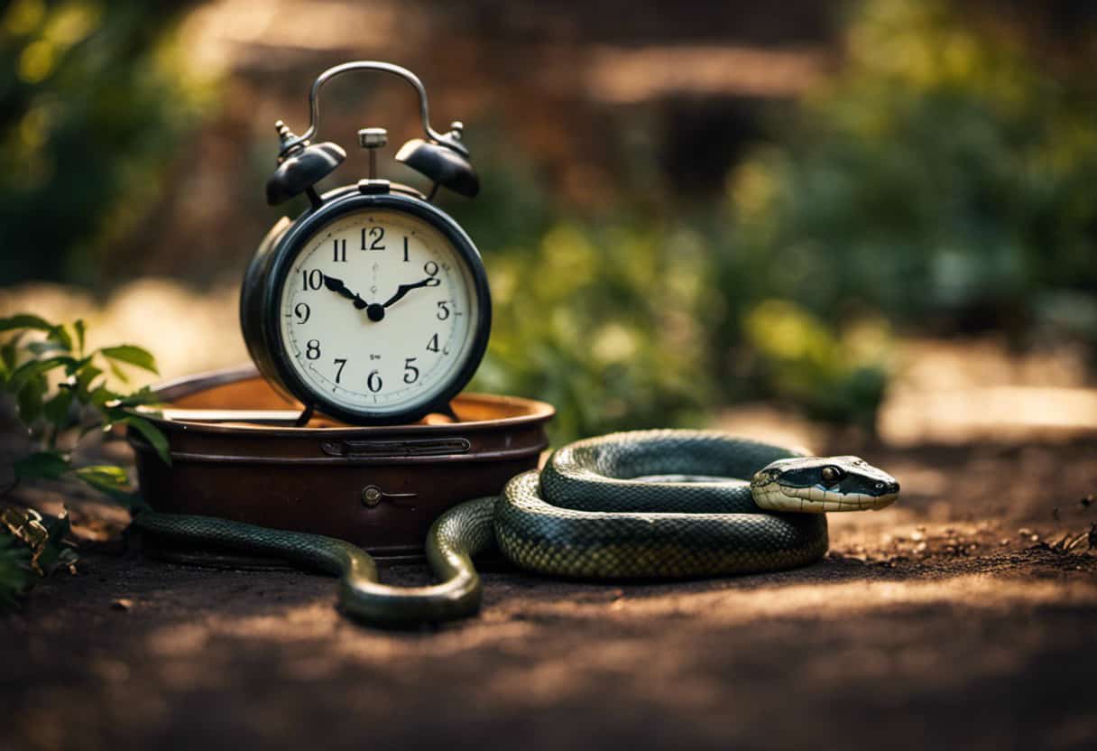 An image depicting a serene backyard scene with a snake slithering away from a container of Snake Away, surrounded by a clock showing the passing of time, symbolizing the duration of the product's effectiveness