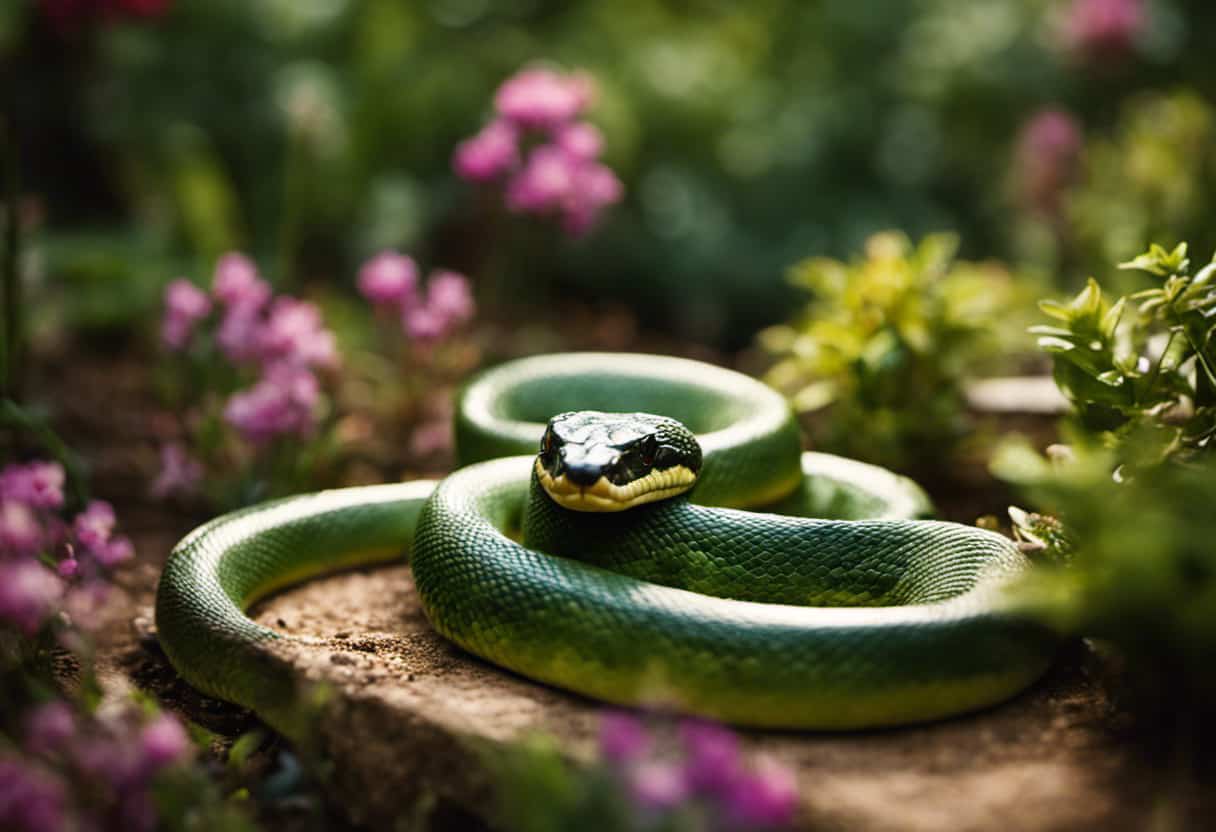 An image showcasing a serene backyard garden, with a snake slithering away from a recently applied Snake Away product