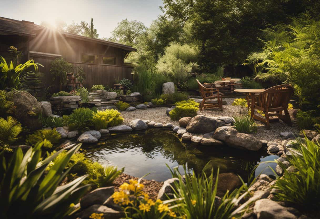 An image showcasing a lush backyard with a variety of native plants, a small pond, and strategically placed rock piles, logs, and birdhouses, creating an inviting habitat for snakes