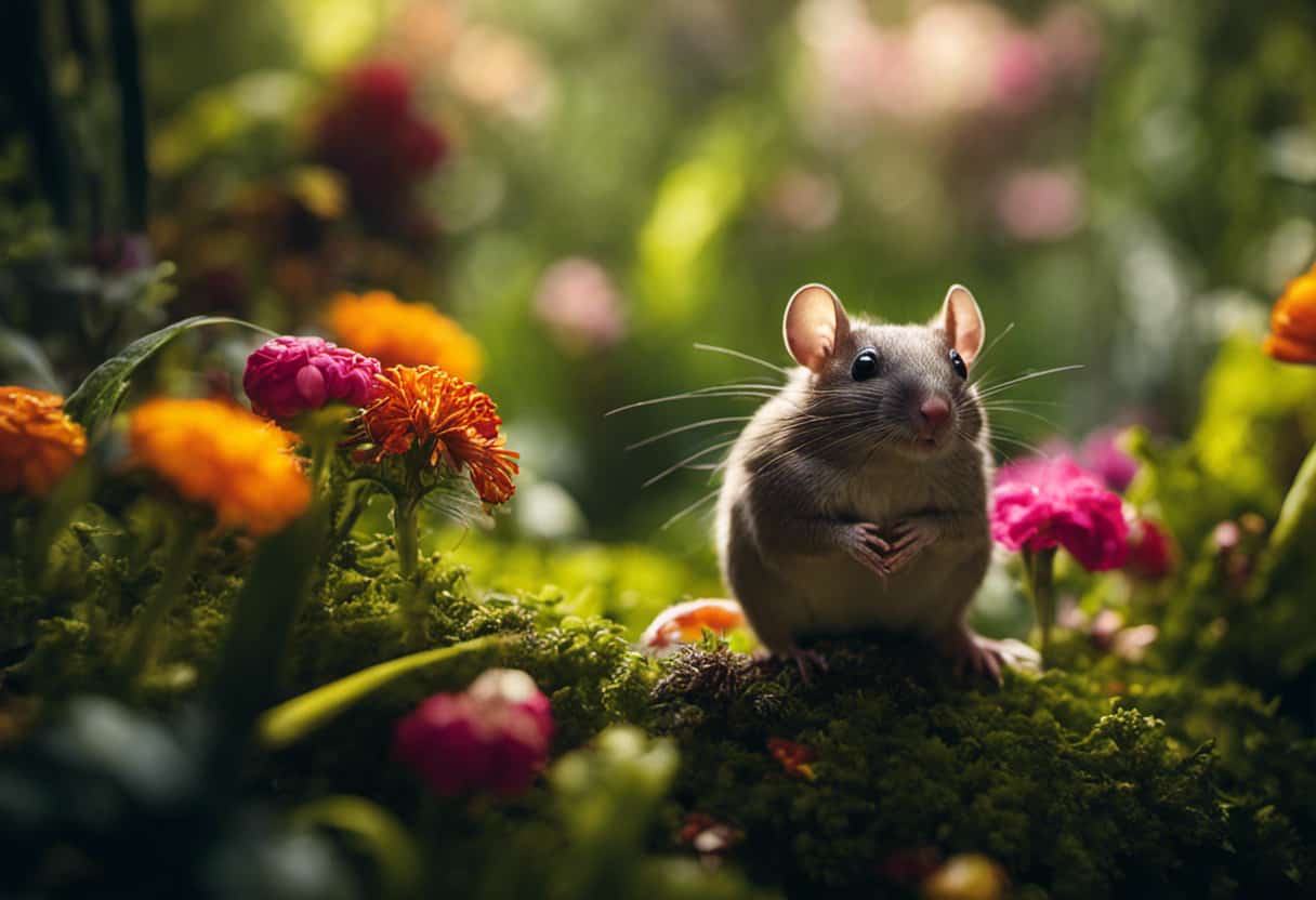 An image showcasing a lush, diverse garden filled with vibrant flowers, leafy plants, and a variety of small creatures like mice, frogs, and insects
