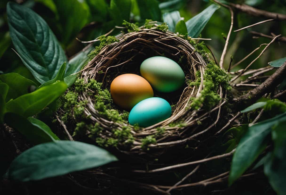 An image showcasing a lush, green bird nest nestled amongst vibrant foliage, adorned with delicate eggs