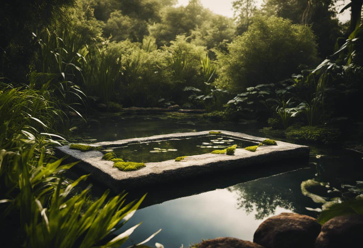 An image showcasing a shallow pond surrounded by lush vegetation, with a small stone platform in the center, adorned with a shallow dish filled with fresh water