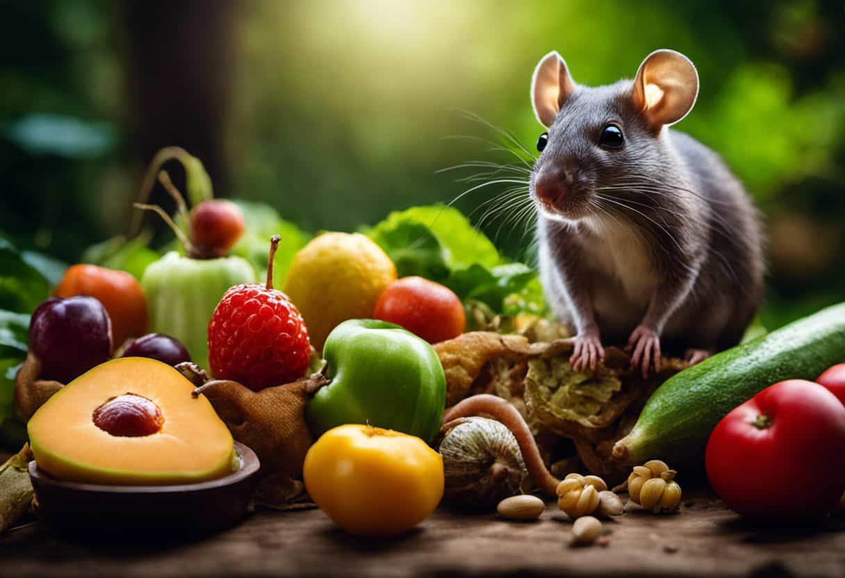 An image that showcases a variety of rodents, such as mice and rats, scattered around a tempting feast of fresh fruits, vegetables, and seeds, all within the backdrop of a lush snake-friendly environment