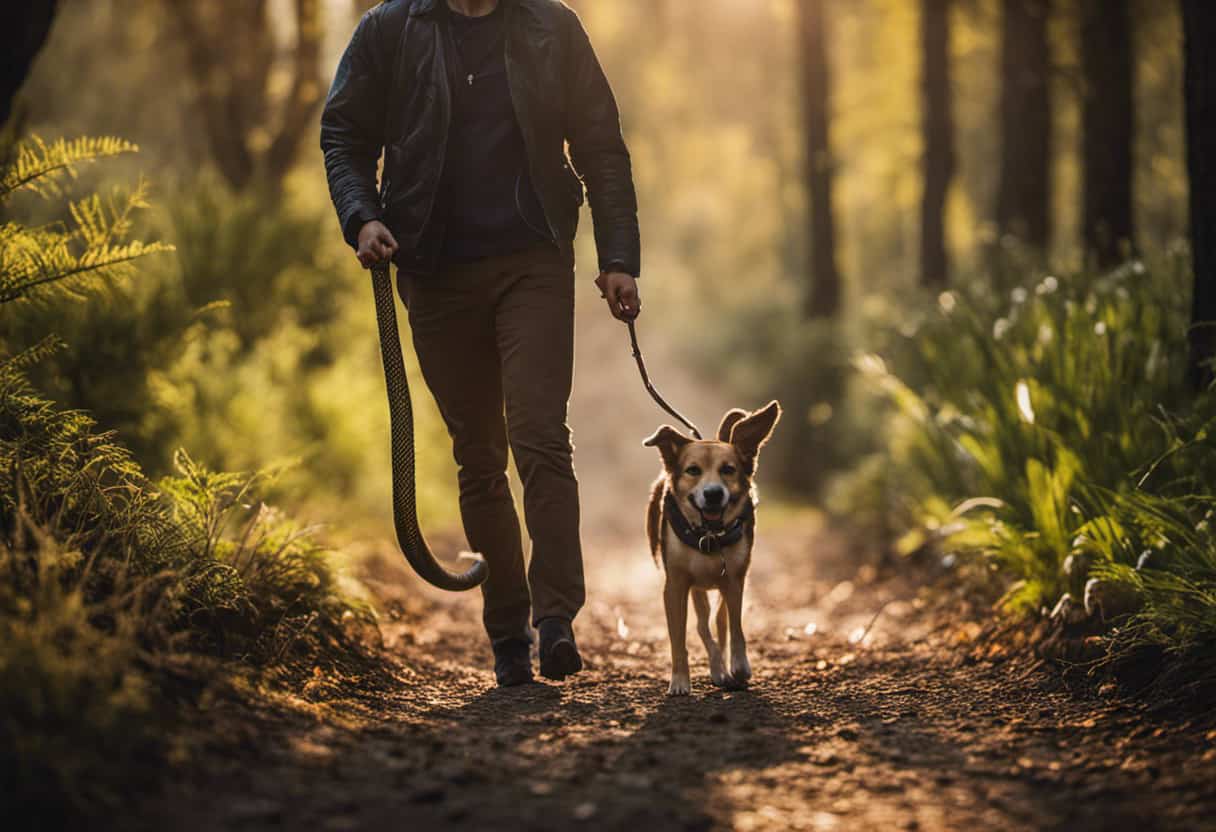 An image that depicts a happy dog owner confidently walking their dog in a snake-free environment, symbolizing the conclusion and recommendation of using Snake Away as a safe and effective solution