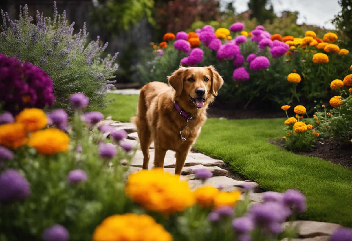 An image showcasing a serene backyard with a dog-friendly garden, where colorful flowers bloom and natural snake deterrents like cedar mulch, marigolds, and lavender are strategically arranged, providing a safe alternative to Snake-A-Way
