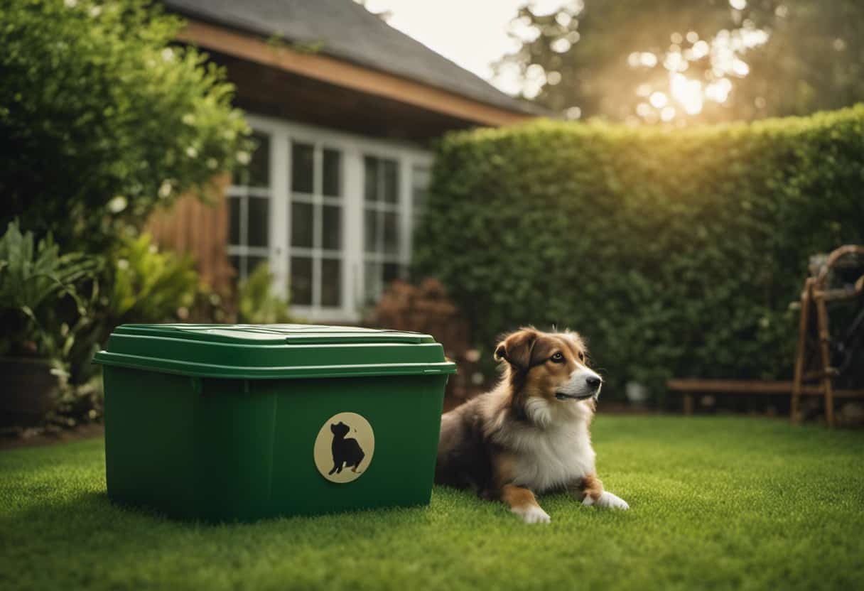 An image showcasing a serene backyard setting with a dog playing safely amidst a lush green lawn