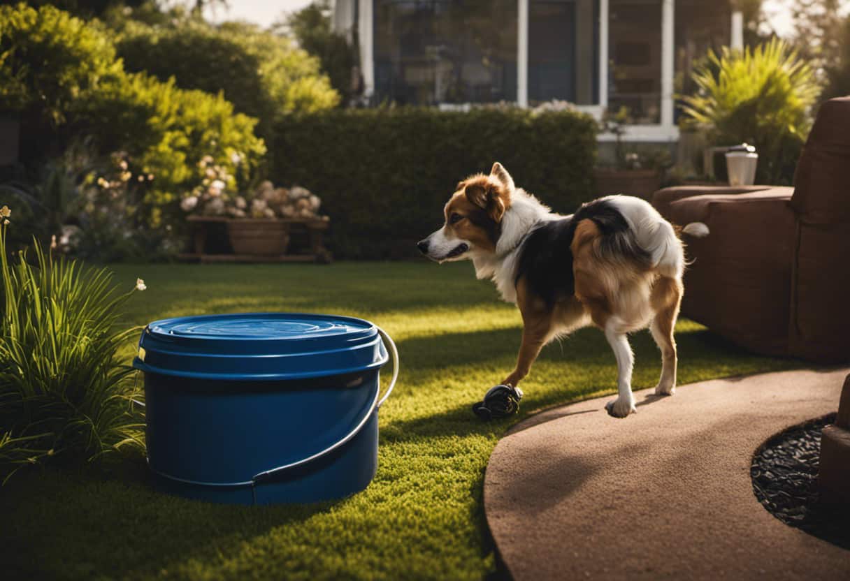 An image depicting a serene backyard setting with a dog playing safely, while a clearly labeled container of Snake-A-Way is placed nearby