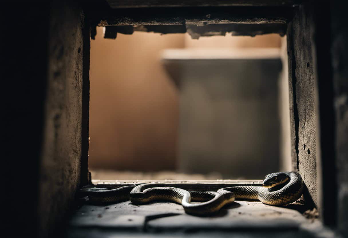 An image showcasing a cracked foundation, a vent with missing bars, a gap under the door, and a drainpipe opening near the basement window, illustrating the various ways that snakes can infiltrate your basement