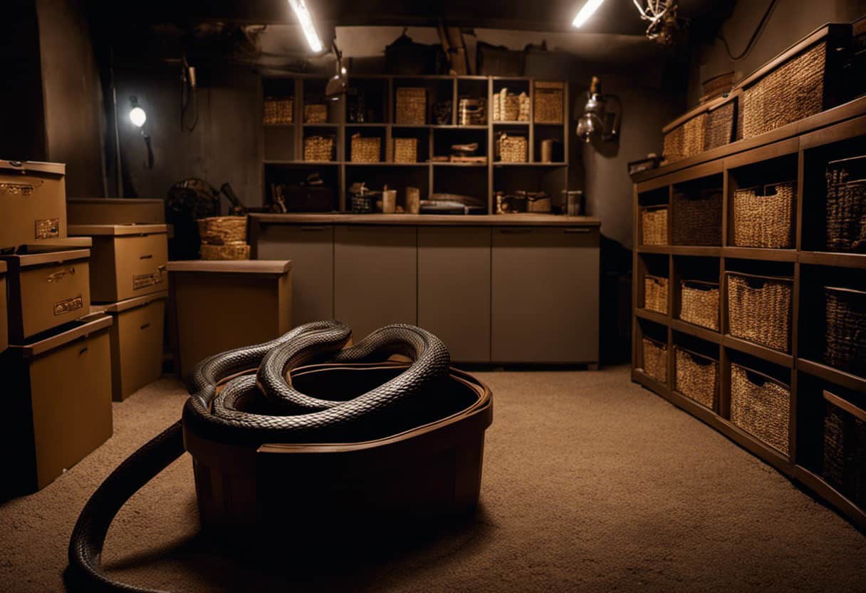 An image showcasing a dimly lit basement with a snake slithering amidst scattered storage boxes