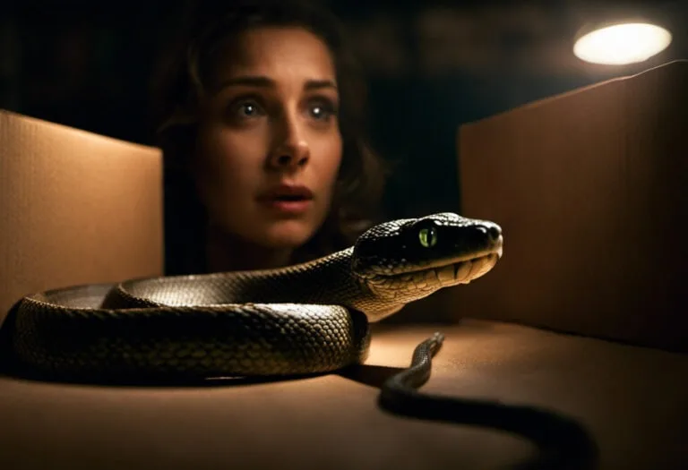 An image showcasing a dimly lit basement, with a startled homeowner cautiously peering over a stack of cardboard boxes, while a slithering snake, its scales glistening, emerges from the shadows, prompting a sense of urgency and uncertainty