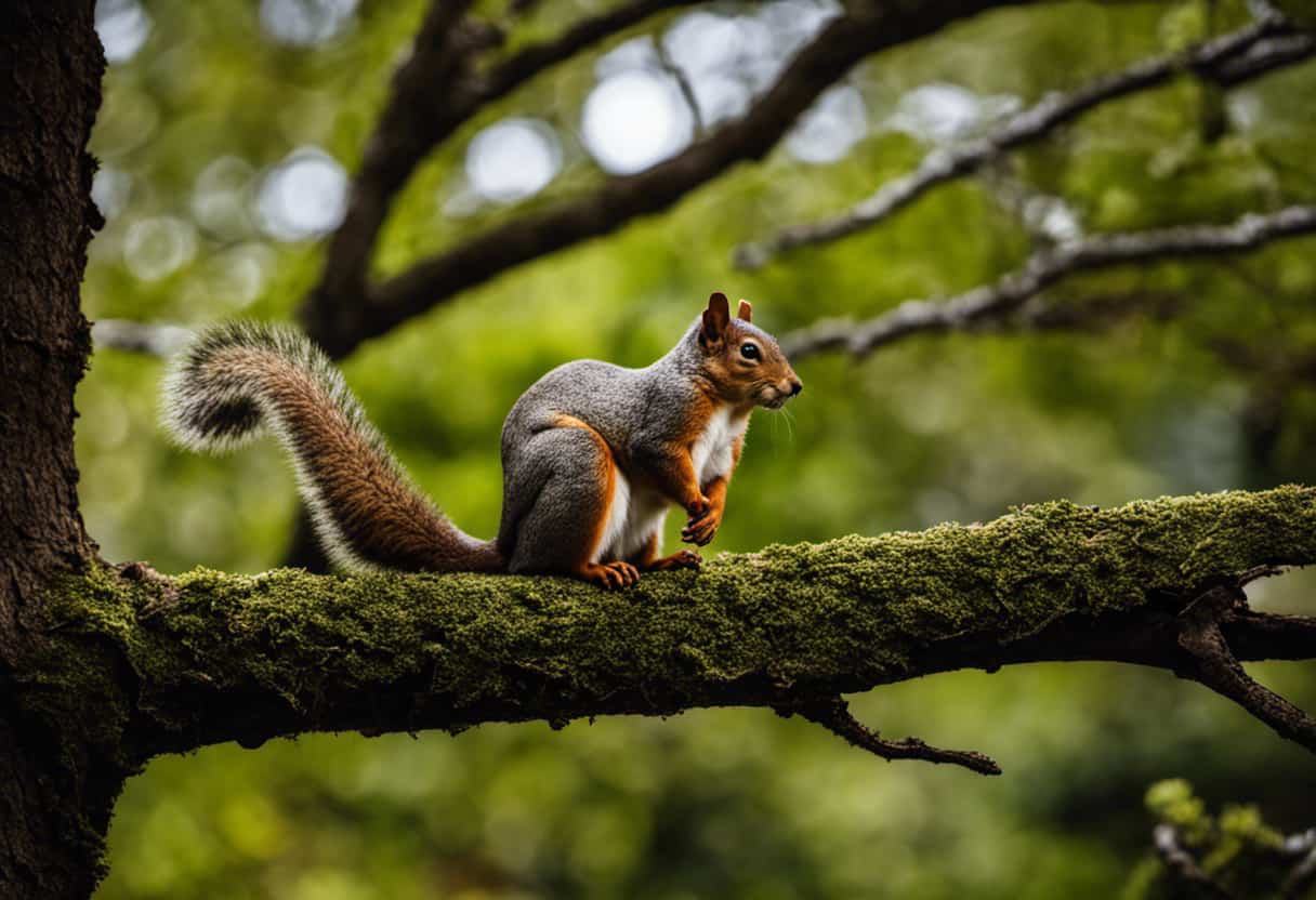 An image showcasing a serene backyard scene with a well-maintained tree branch and a squirrel