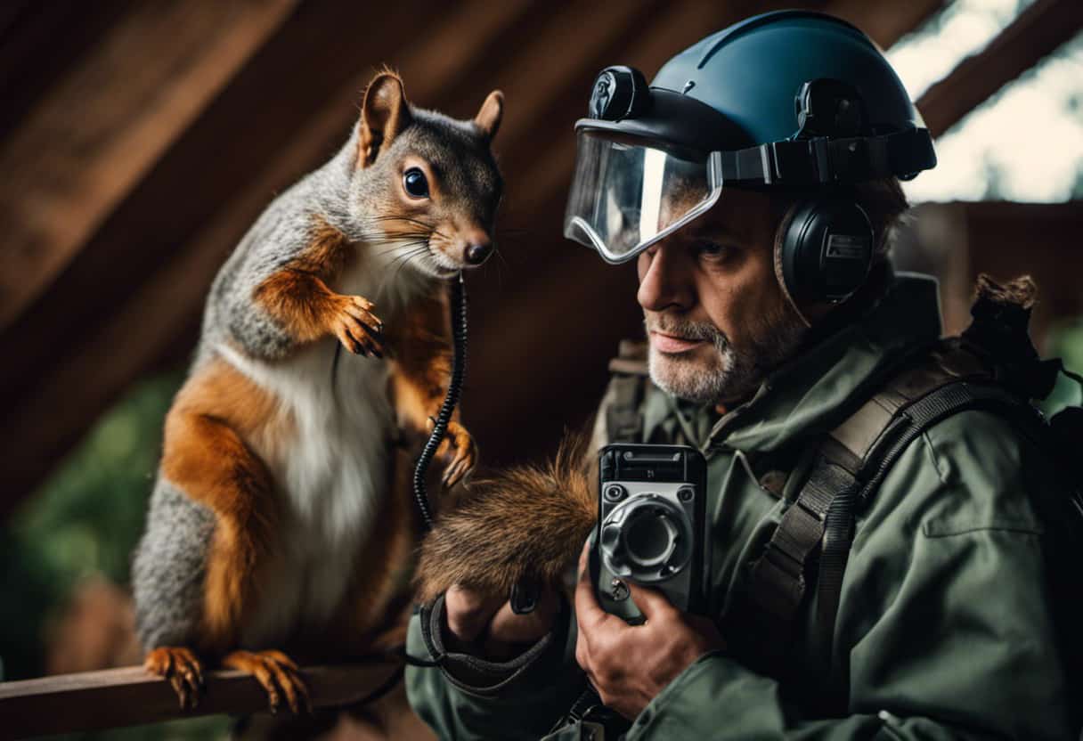An image depicting a homeowner with a concerned expression, holding a phone while a professional wildlife expert, wearing protective gear, safely removes squirrels from the attic