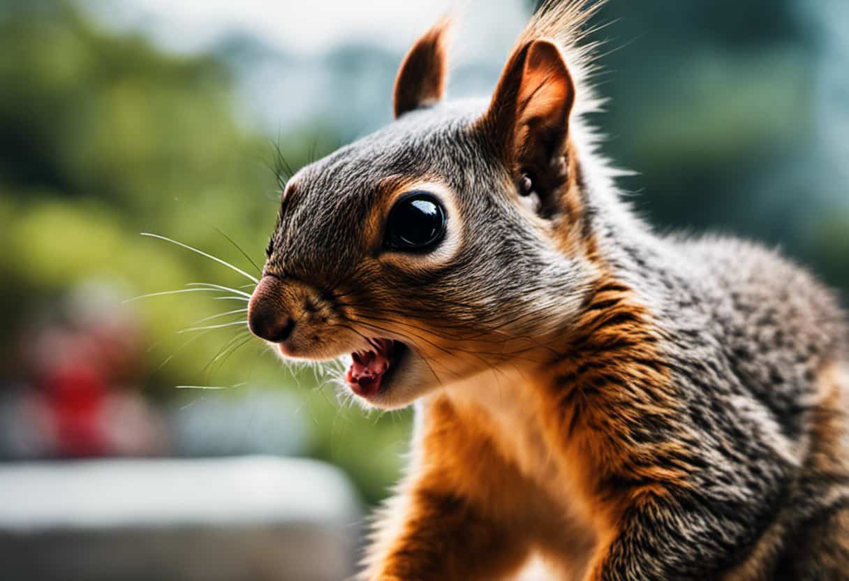 An image capturing a worried individual seeking immediate medical assistance after a squirrel bite, showcasing a vivid depiction of a panicked face, a red and swollen hand, and a blurred hospital background