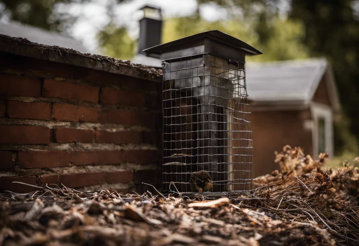 An image showcasing a sturdy wire mesh covering a chimney, with an extended overhang, a tightly sealed attic vent, and a secure metal seal around a door frame, all safeguarding against squirrel intrusion