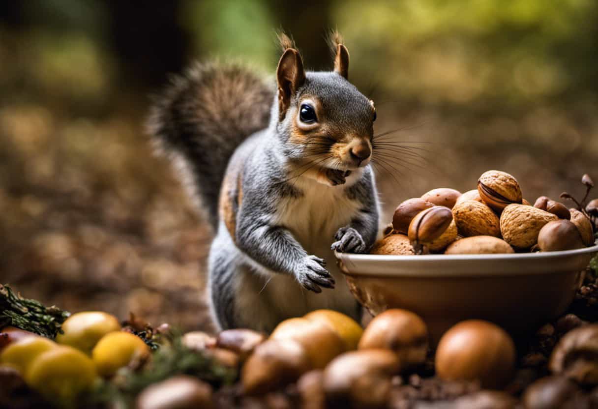 An image that showcases a squirrel amidst a diverse feast, with an array of nuts, seeds, fruits, and surprising delicacies like insects, eggs, and mushrooms