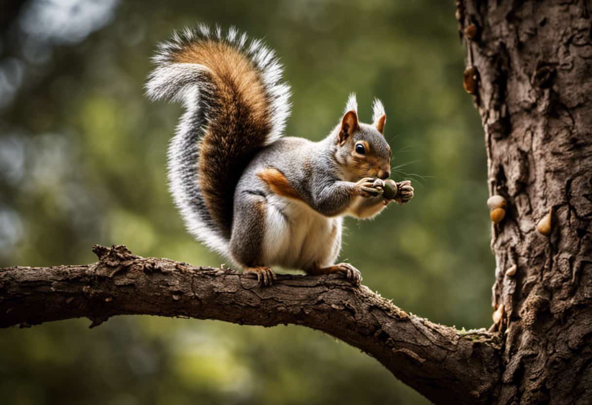 An image showcasing a playful squirrel gracefully balancing on a tree branch, its paws delicately holding a variety of nuts - acorns, almonds, and walnuts - emphasizing the crucial role of nuts in a squirrel's diet
