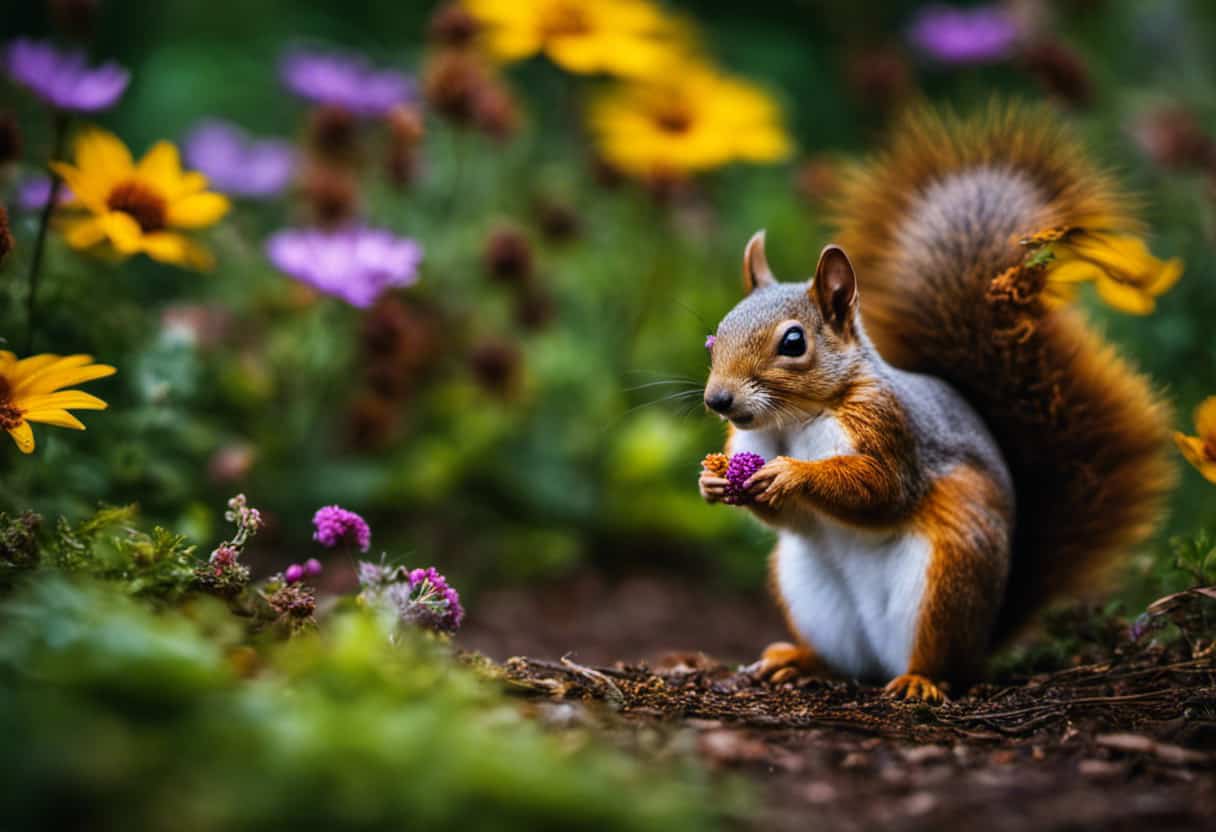 An image showcasing a lush forest floor, adorned with vibrant wildflowers, delicate leaves, and a variety of seeds, serving as a feast for a content squirrel surrounded by its plant-based favorites