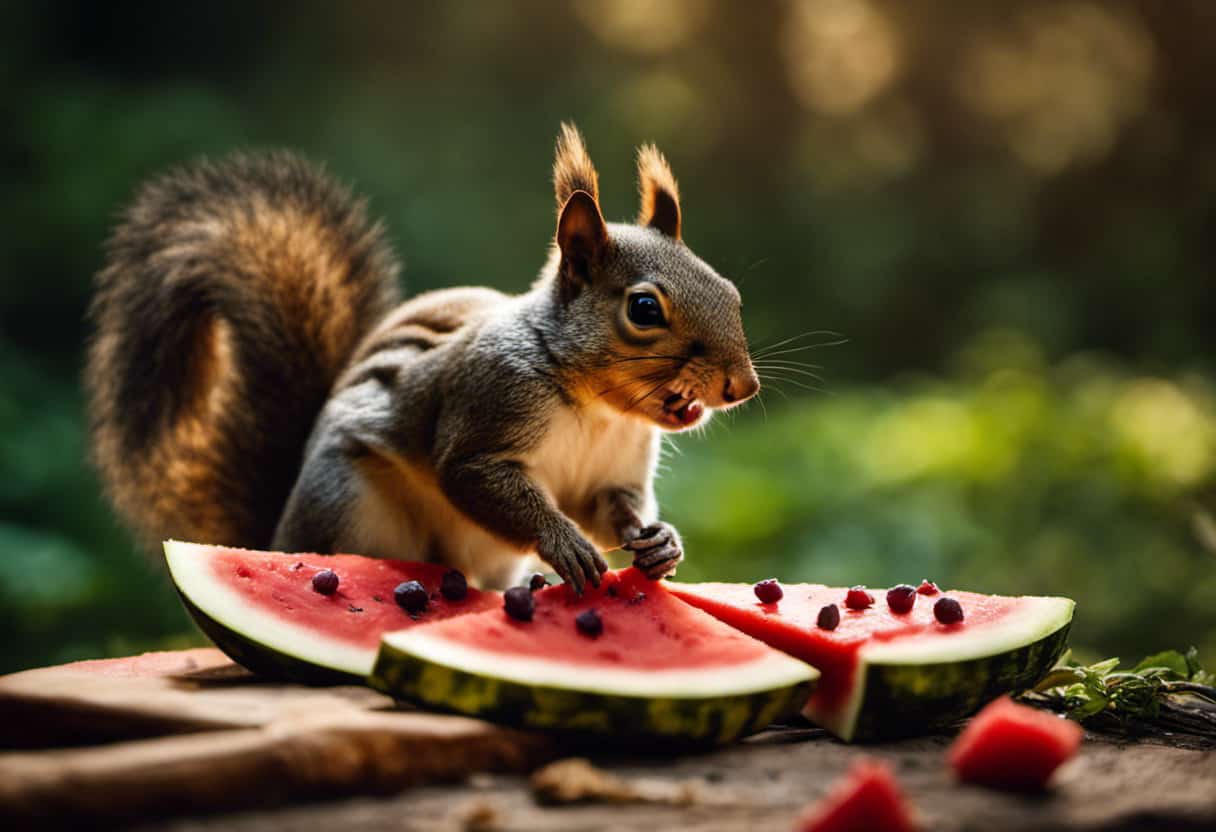 An image capturing a squirrel perched on a branch, nibbling on a discarded slice of watermelon, while nearby, another squirrel munches on a juicy slice of pizza, showcasing the unexpected food choices these critters make