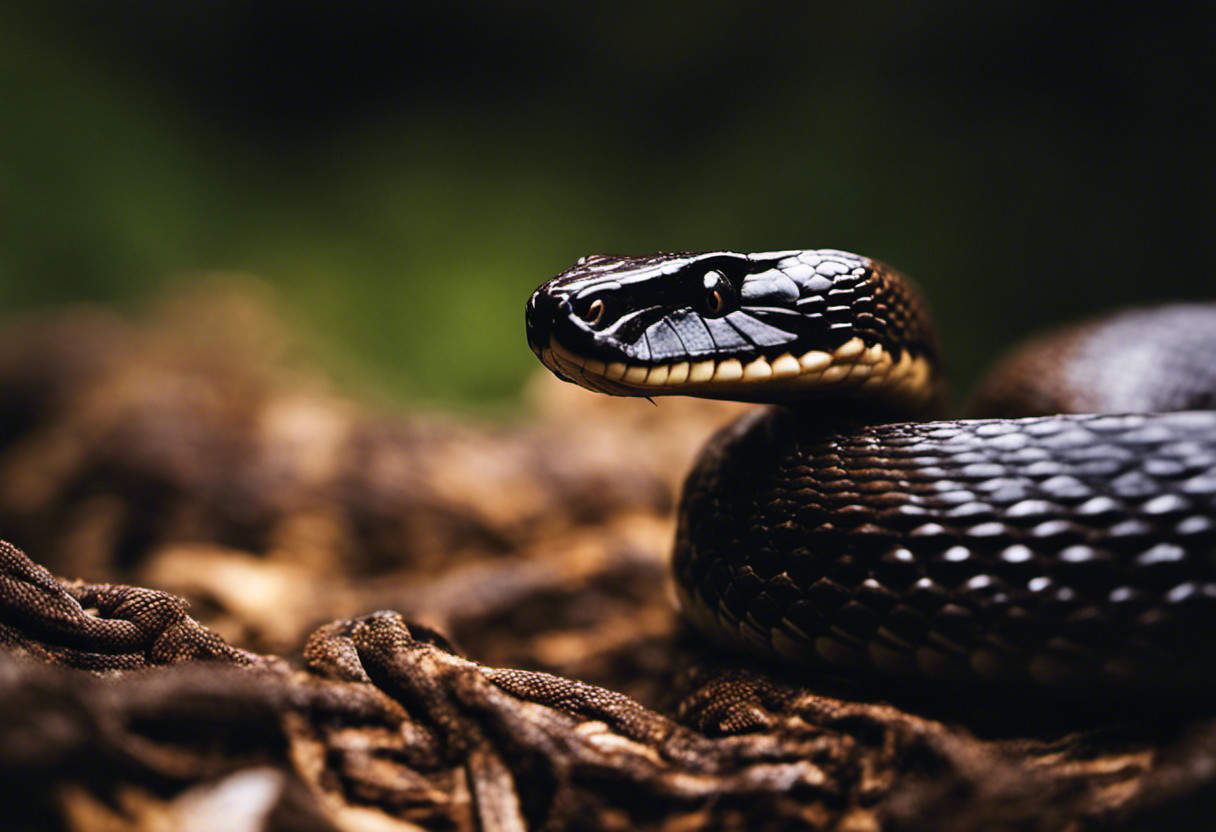 An image showcasing the distinguishing features of the Water Moccasin Snake in Ohio: its thick, dark brown body contrasting with a lighter underbelly, venomous fangs, and telltale triangular-shaped head
