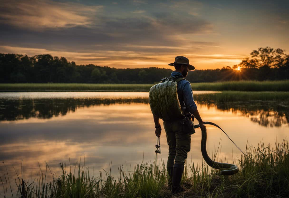 An image showcasing a serene Ohio wetland at sunset, with a hiker wearing protective boots, gloves, and carrying a snake hook, maintaining a safe distance from a coiled water moccasin snake