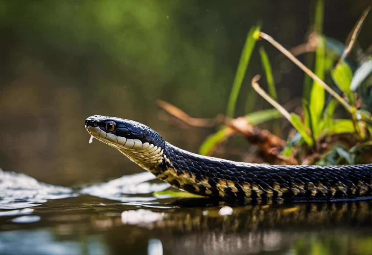 An image capturing the intense gaze of a Water Moccasin Snake, its distinctive triangular head poised above the water's surface, showcasing the snake's aggressive behavior and unique characteristics in the Ohio wetlands
