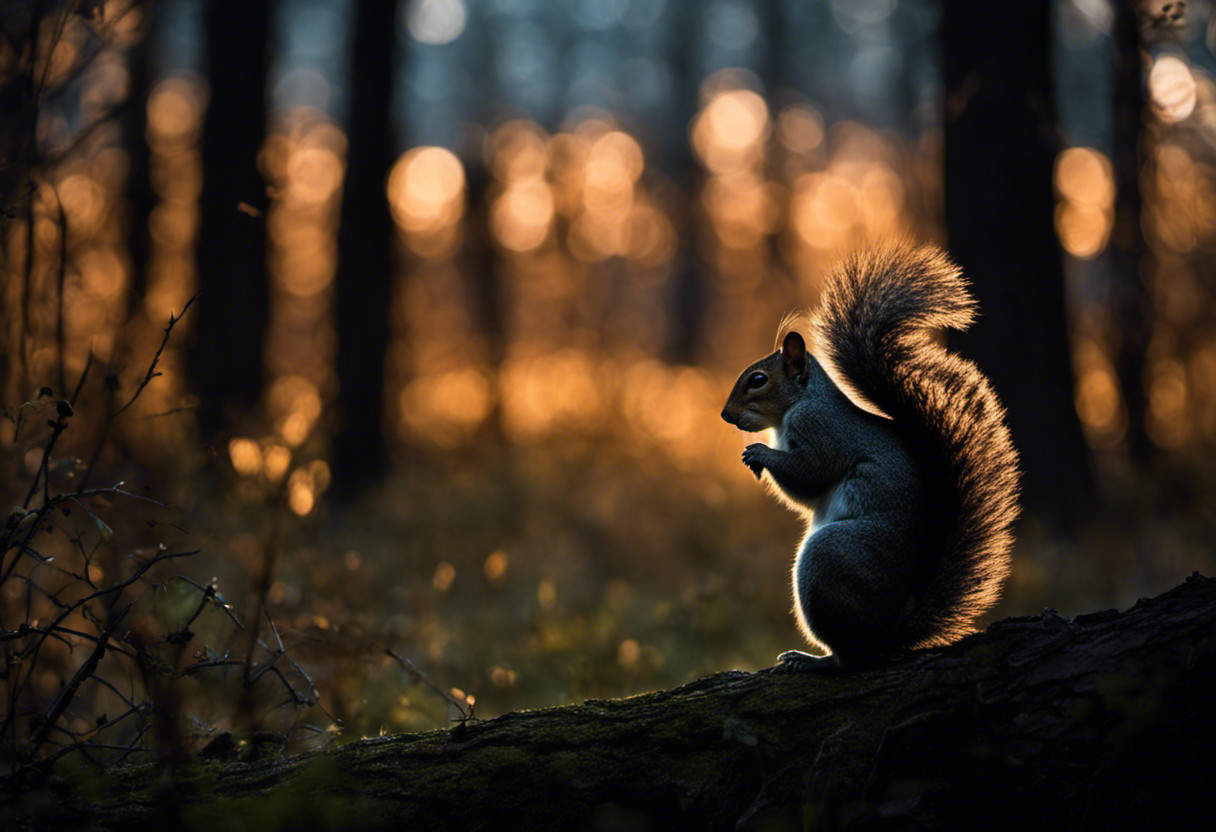 An image capturing the essence of squirrel fear by depicting a sprawling forest scene at dusk, where a menacing silhouette of a stealthy predator lurks in the shadows, sending shivers down the squirrels' spines