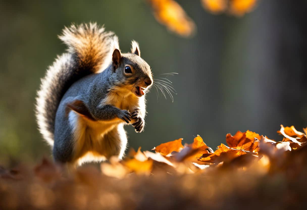 An image featuring a startled squirrel frozen mid-air, its fur puffed up, as it leaps away from a shadow cast by a falling leaf, capturing the essence of squirrels' fear of sudden and unexpected movements