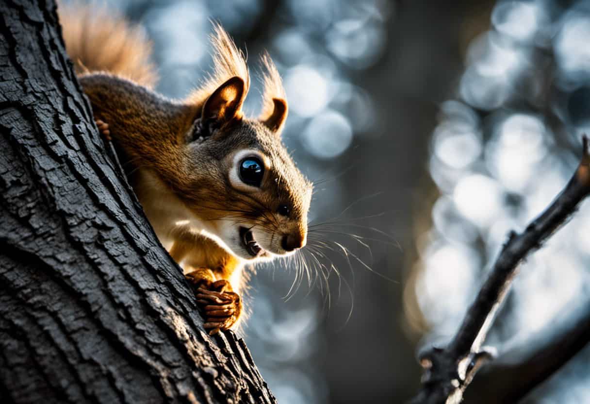 An image showcasing a close-up perspective of a squirrel frozen in fear atop a tree branch, its wide eyes fixated on a human figure standing below, capturing the essence of squirrels' fear towards humans