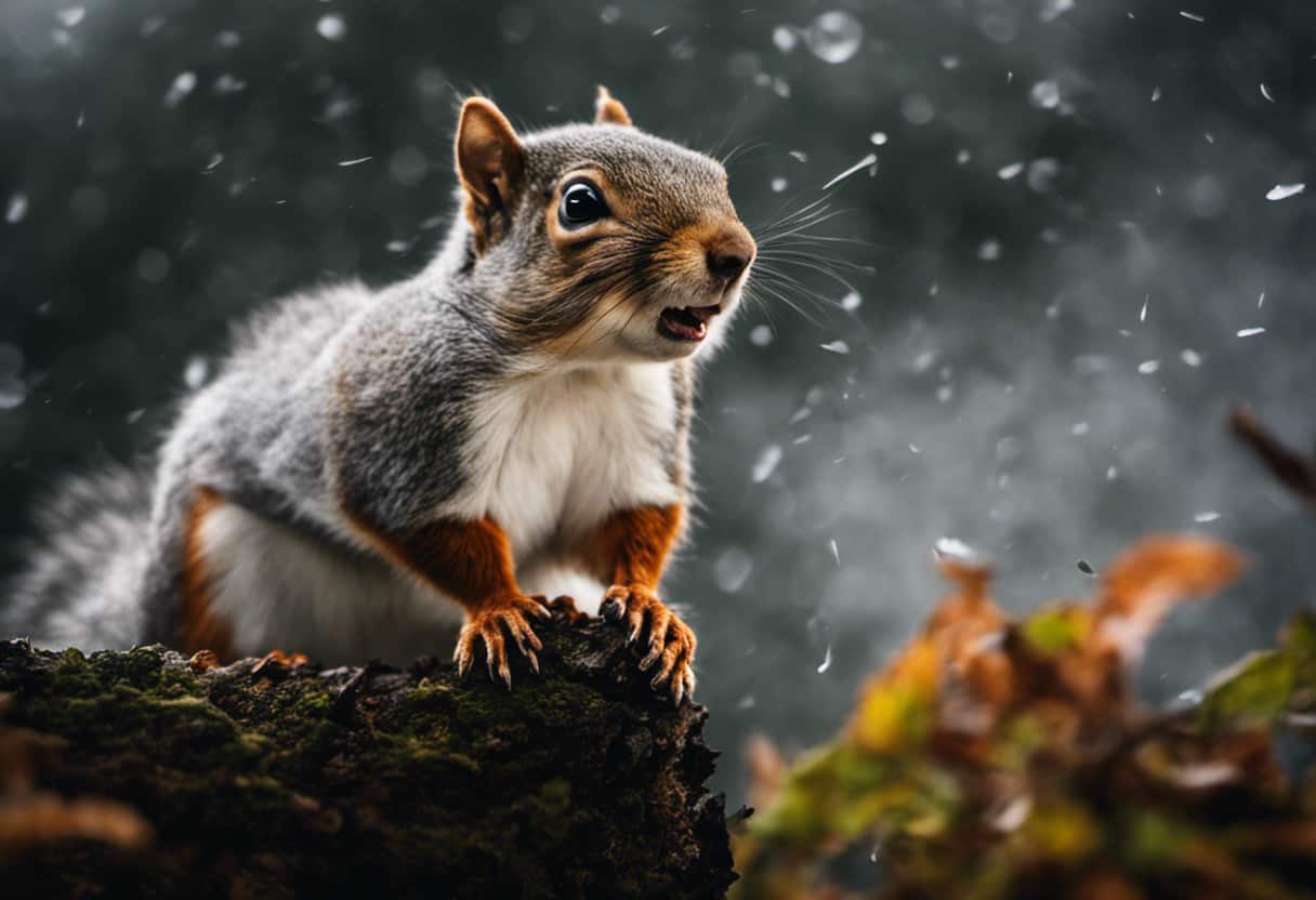 An image depicting a startled squirrel, frozen mid-air, ears flattened against its head, as a crashing thunderstorm rages in the background