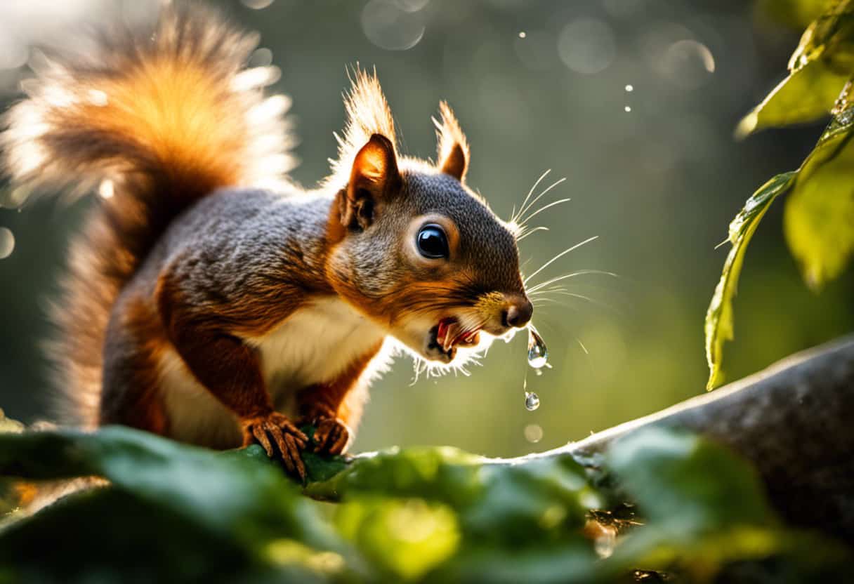 An image of a vibrant scene: a squirrel, wide-eyed and frozen mid-air, startled by a droplet of water falling from a leaf above